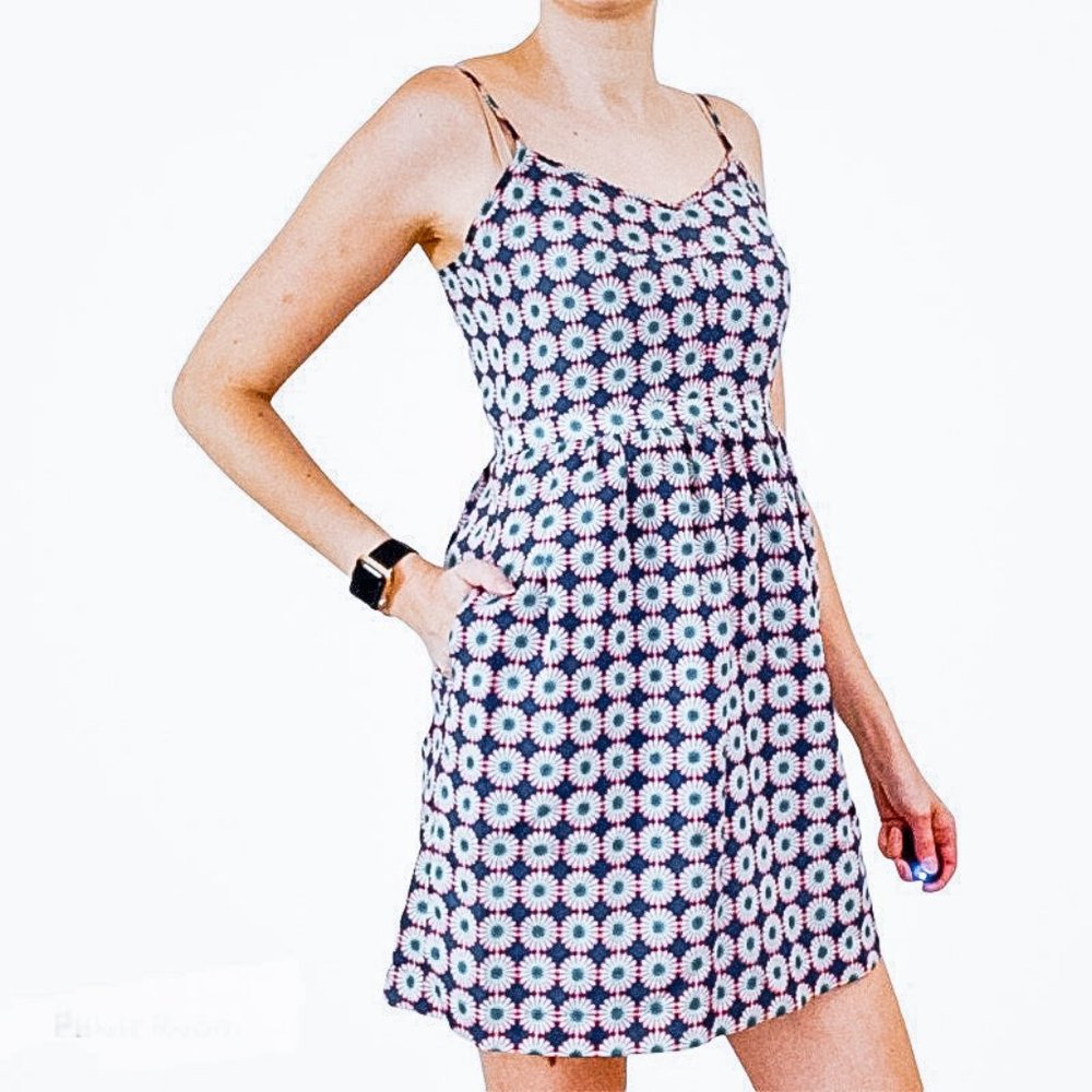 J. Crew EUC Teal Floral Geometric Print Spaghetti Straps Lined Summer Dress 00